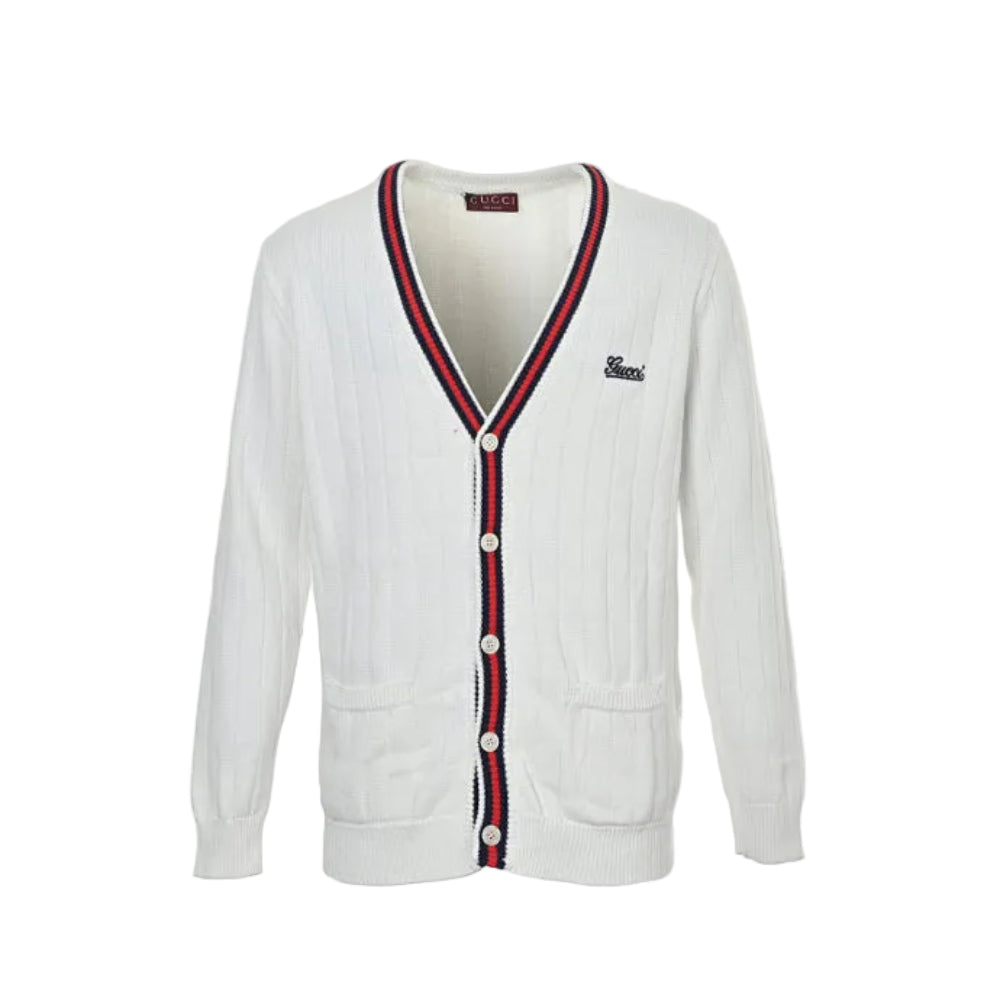 Gucci White Textured Knit V-Neck Cardigan with Tricolor Stripe Trim
