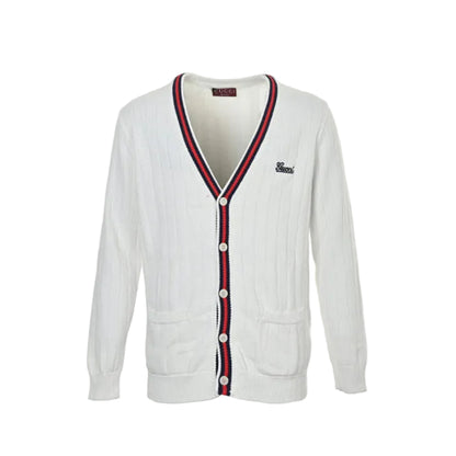 Gucci White Textured Knit V-Neck Cardigan with Tricolor Stripe Trim
