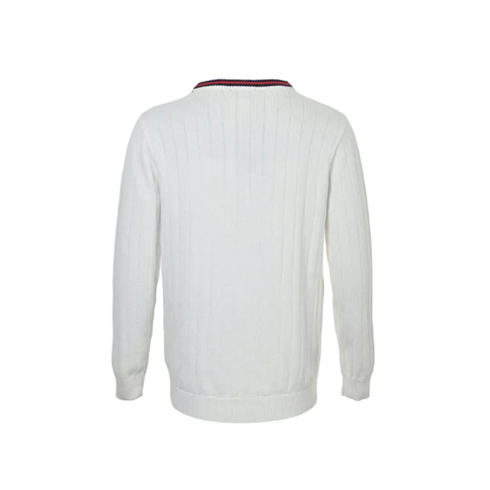 Gucci White Textured Knit V-Neck Cardigan with Tricolor Stripe Trim