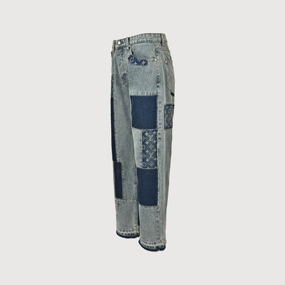 Louis Vuitton Monogram Patchwork Wide-Leg Jeans — Washed Blue