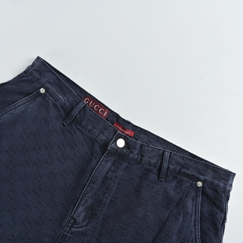 Gucci Navy Monogram Jacquard Wide-Leg Denim Pants with Gradient Hem