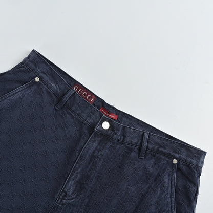 Gucci Navy Monogram Jacquard Wide-Leg Denim Pants with Gradient Hem