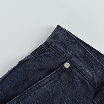Gucci Navy Monogram Jacquard Wide-Leg Denim Pants with Gradient Hem