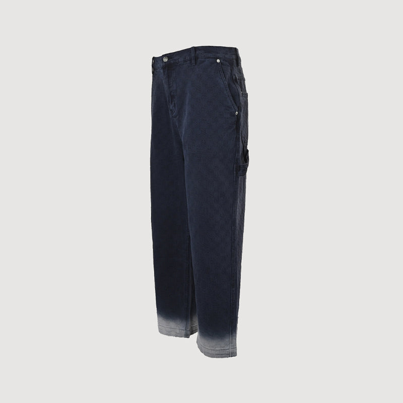Gucci Navy Monogram Jacquard Wide-Leg Denim Pants with Gradient Hem
