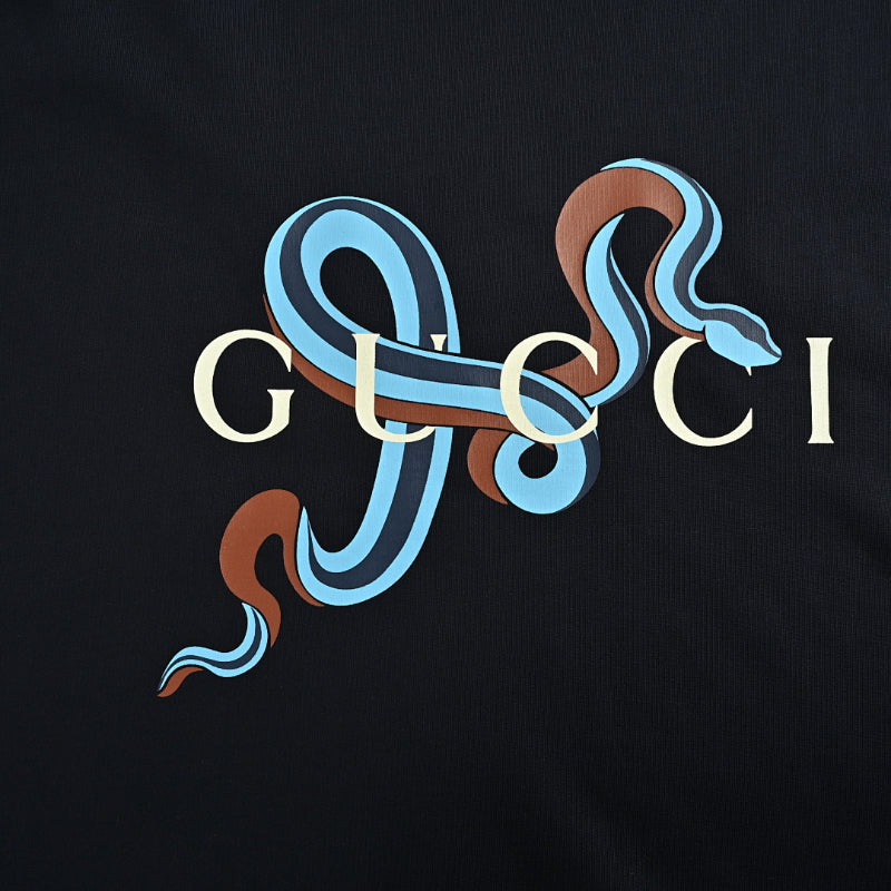 Gucci Black Intertwined Dual Snake Serif Wordmark Heavyweight Tee