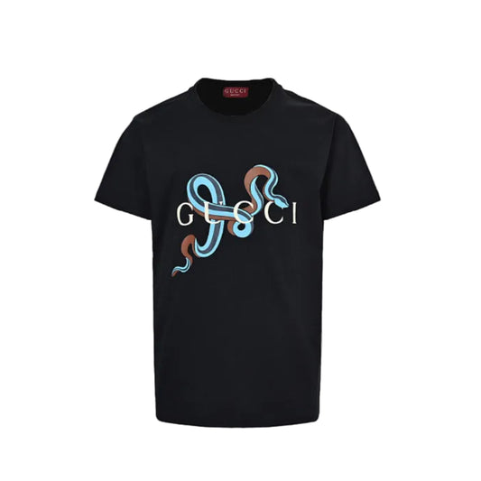 Gucci Black Intertwined Dual Snake Serif Wordmark Heavyweight Tee