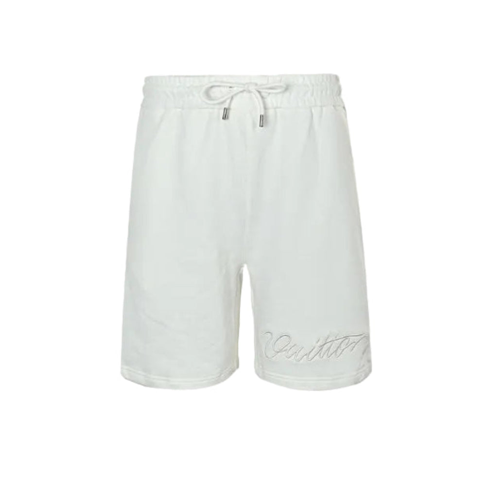 Louis Vuitton Signature Script Embroidered Shorts — Cream