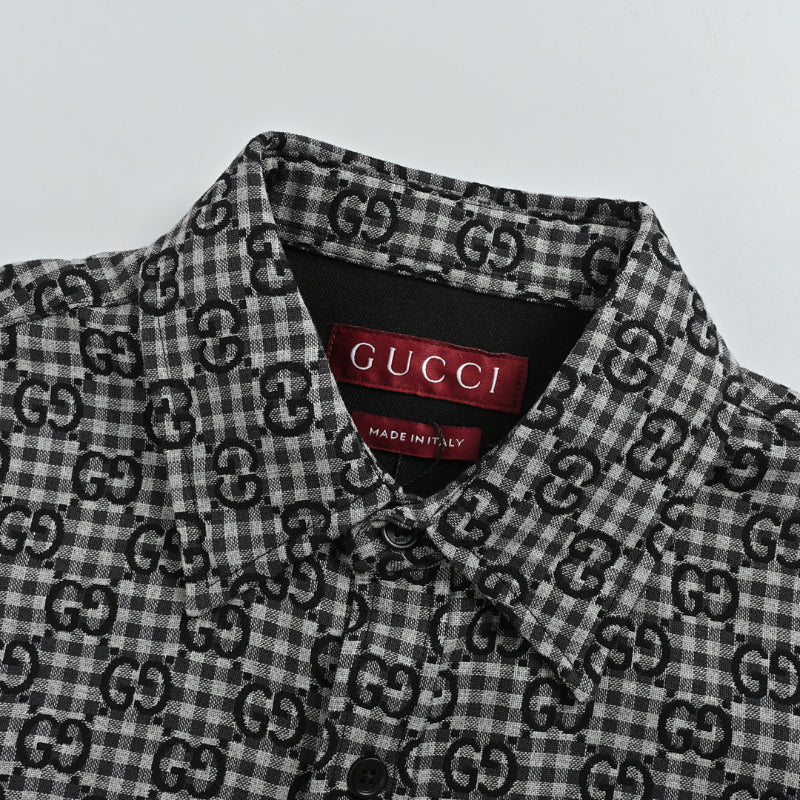 Gucci Black Gingham Monogram Print Point Collar Overshirt