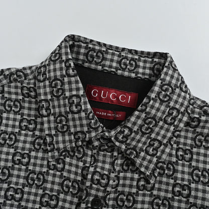 Gucci Black Gingham Monogram Print Point Collar Overshirt