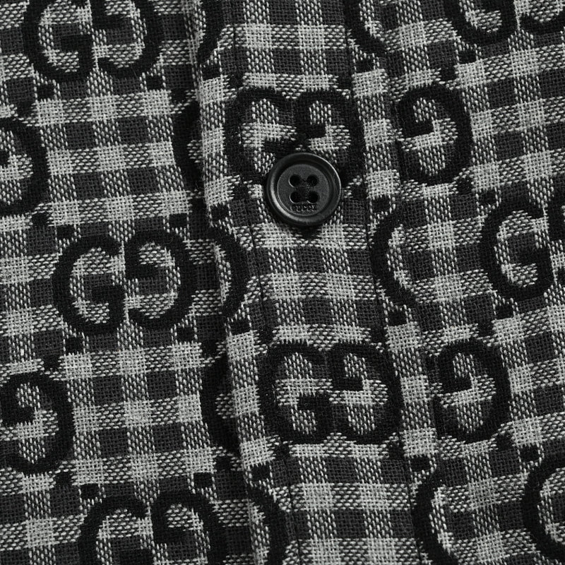 Gucci Black Gingham Monogram Print Point Collar Overshirt