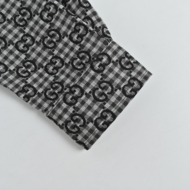 Gucci Black Gingham Monogram Print Point Collar Overshirt