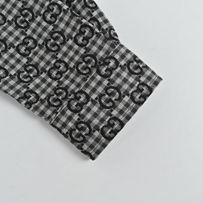 Gucci Black Gingham Monogram Print Point Collar Overshirt