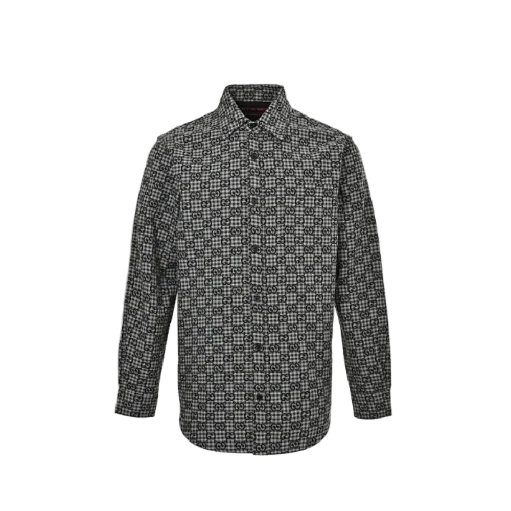 Gucci Black Gingham Monogram Print Point Collar Overshirt