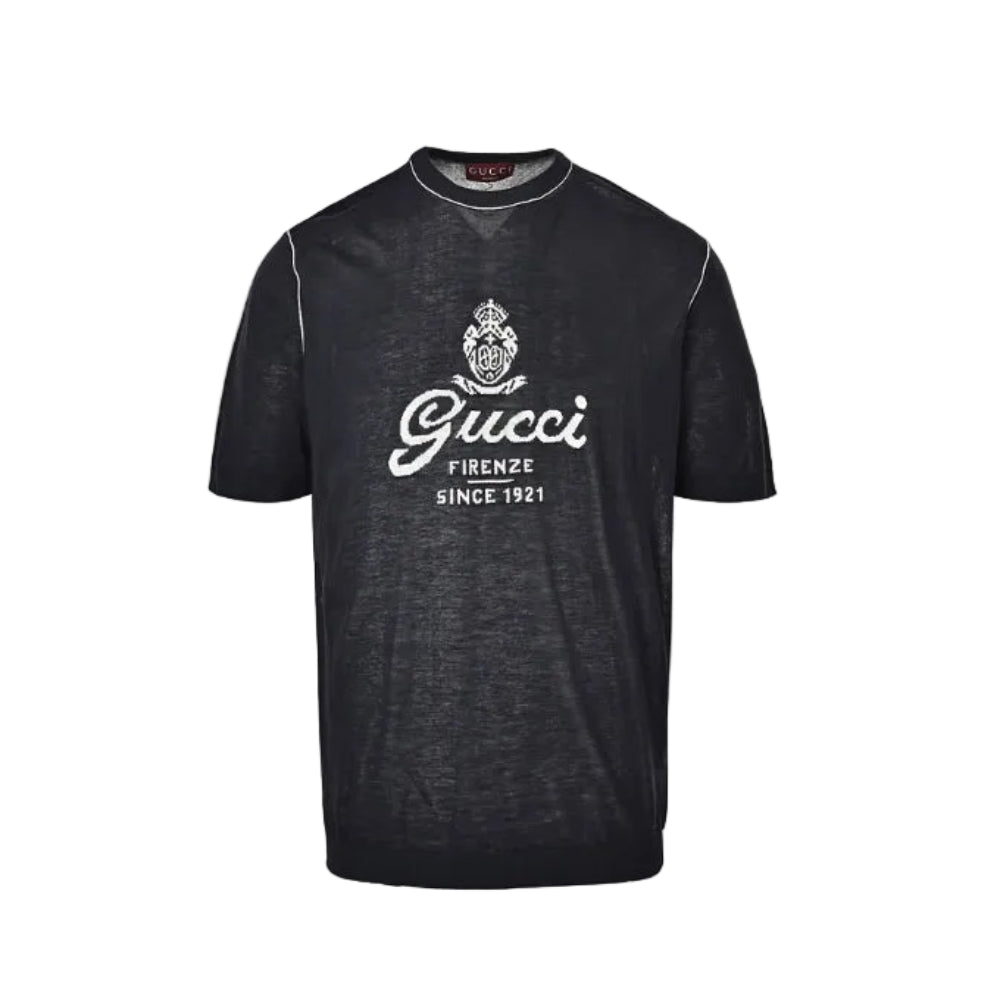 Gucci Charcoal Lightweight Knit Script Crest Embroidered Tee