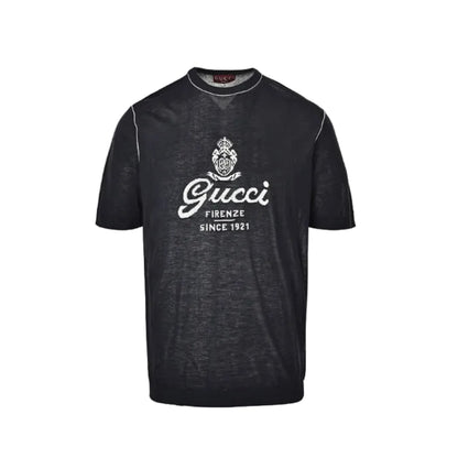 Gucci Charcoal Lightweight Knit Script Crest Embroidered Tee