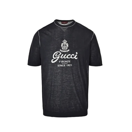 Gucci Charcoal Lightweight Knit Script Crest Embroidered Tee