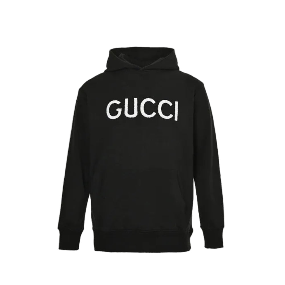 Gucci Black Heavyweight Cotton Hoodie with Raised-Letter Wordmark Print