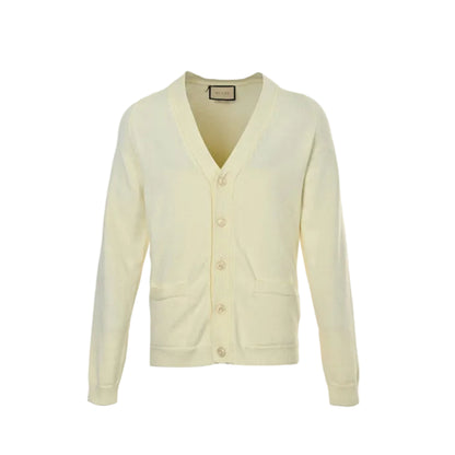 Gucci Ivory Fine Knit V-Neck Cardigan with Patch Pockets