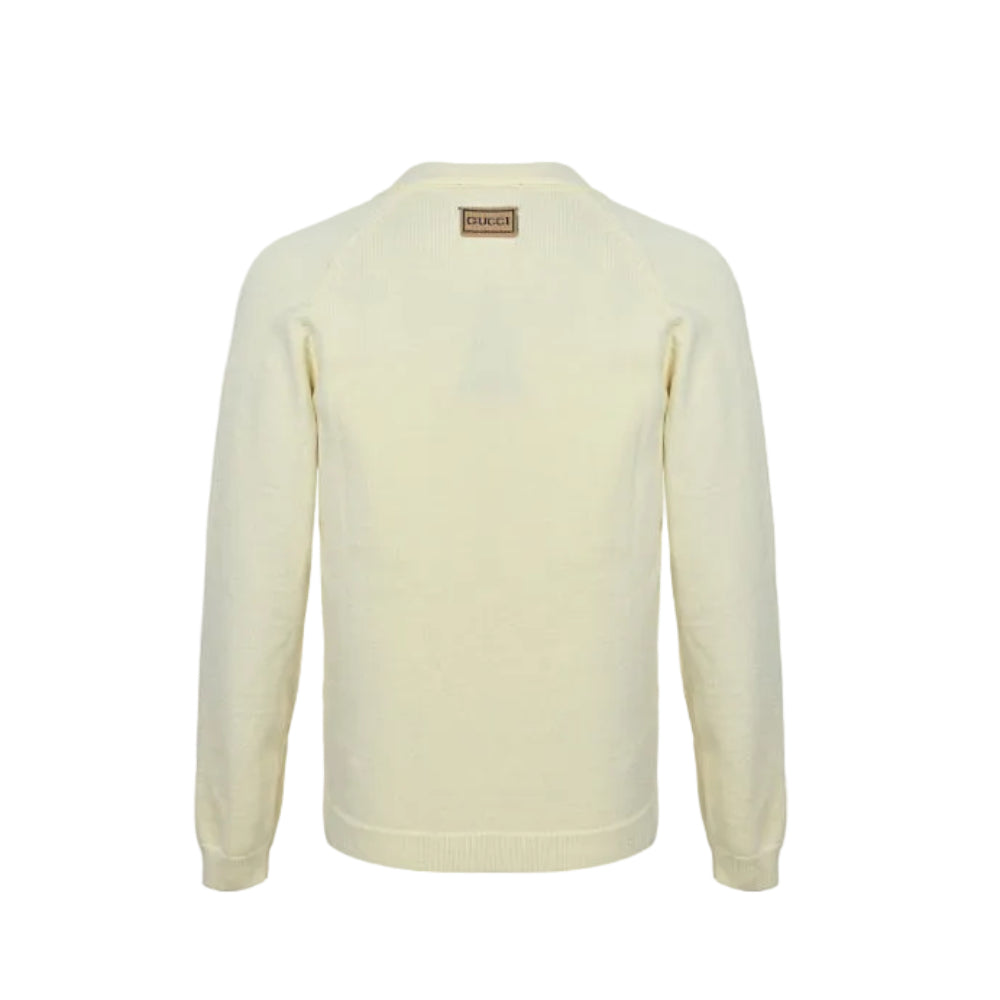 Gucci Ivory Fine Knit V-Neck Cardigan with Patch Pockets