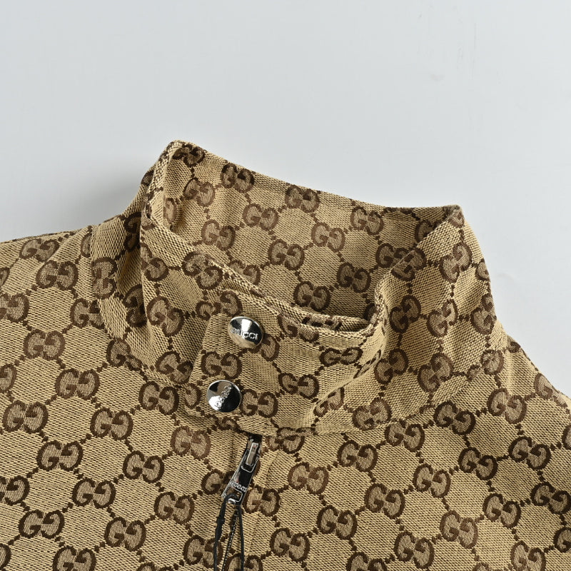 Gucci Beige GG Monogram Jacquard Full-Zip Stand Collar Harrington Bomber Jacket