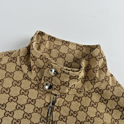Gucci Beige GG Monogram Jacquard Full-Zip Stand Collar Harrington Bomber Jacket