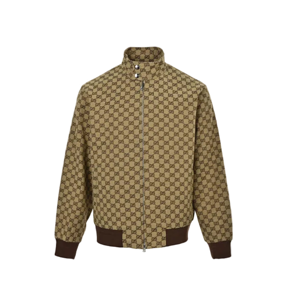Gucci Beige GG Monogram Jacquard Full-Zip Stand Collar Harrington Bomber Jacket