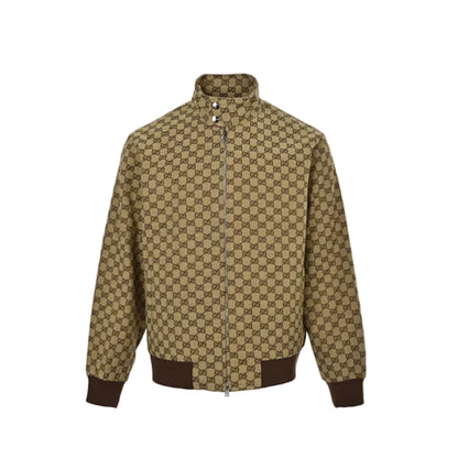 Gucci Beige GG Monogram Jacquard Full-Zip Stand Collar Harrington Bomber Jacket