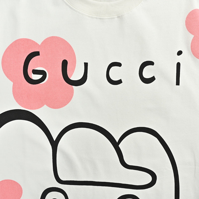 Gucci Off-White Oversized Bear Face Pink Floral Graphic Tee