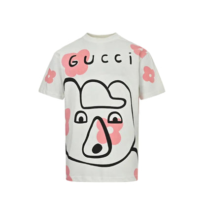 Gucci Off-White Oversized Bear Face Pink Floral Graphic Tee