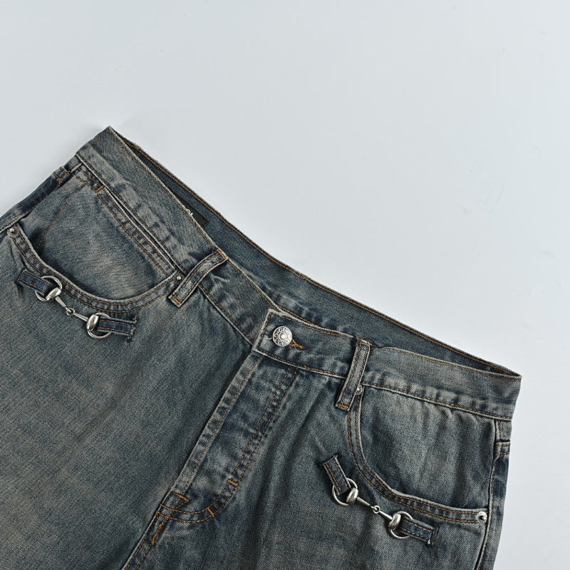 Gucci Vintage Blue Washed Straight Denim Pants with Horsebit Detail