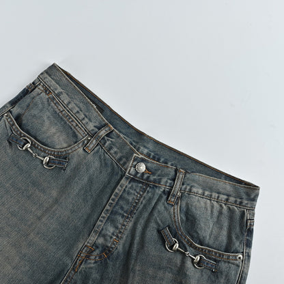Gucci Vintage Blue Washed Straight Denim Pants with Horsebit Detail