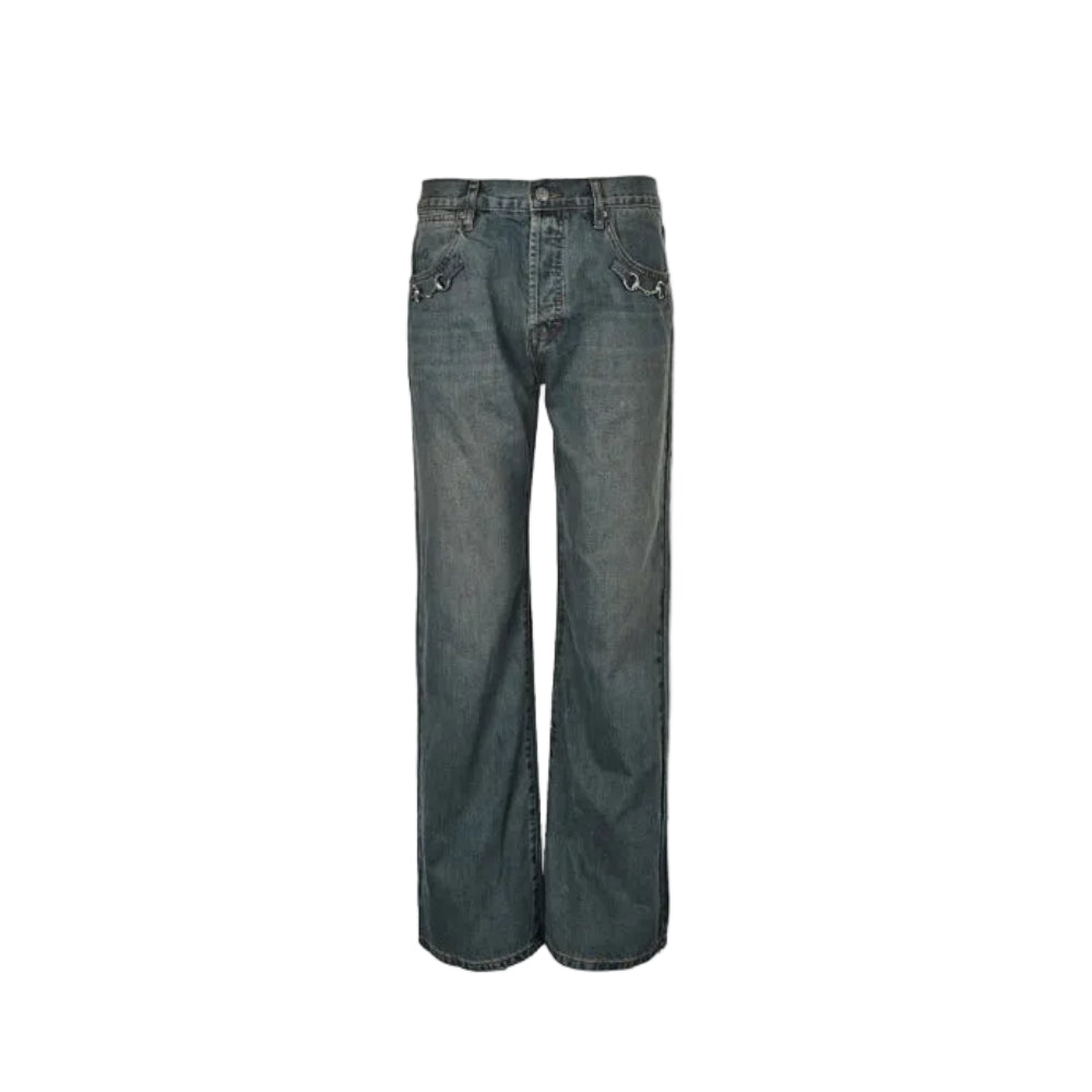 Gucci Vintage Blue Washed Straight Denim Pants with Horsebit Detail