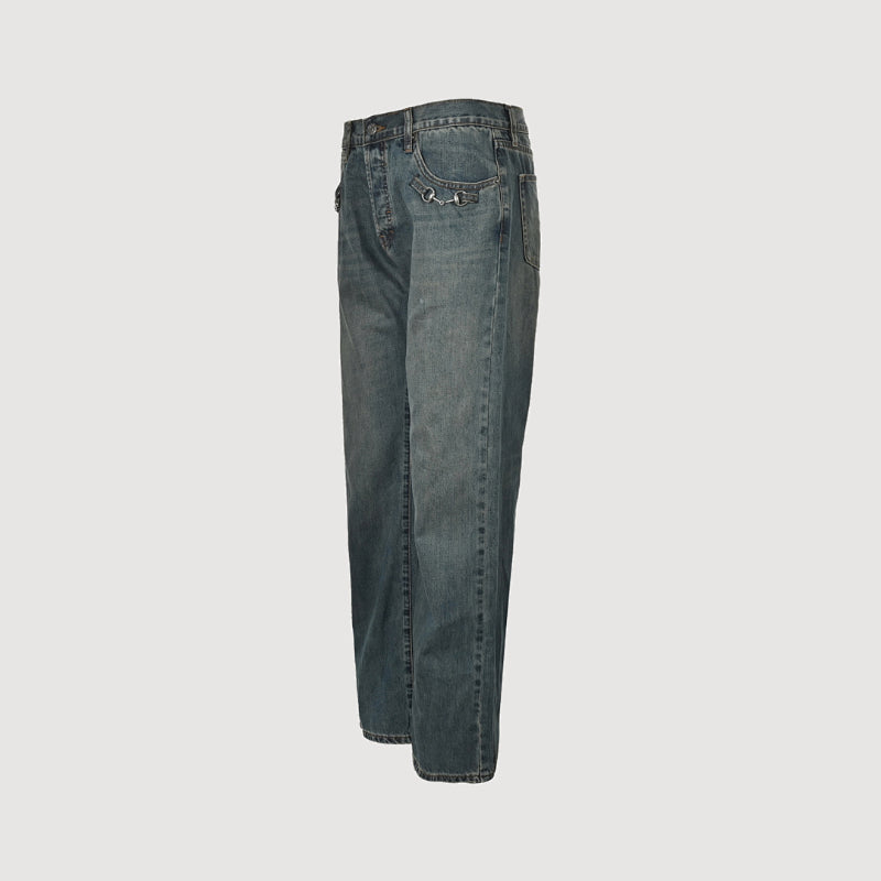 Gucci Vintage Blue Washed Straight Denim Pants with Horsebit Detail