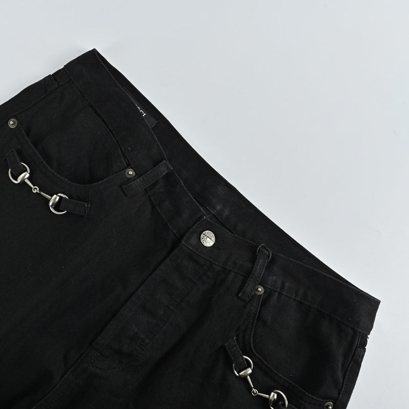 Gucci Black Straight Denim Pants with Horsebit Detail