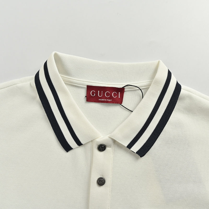 Gucci Ivory Long-Sleeve Polo with Collegiate Crest Graphic and Contrast Shoulder