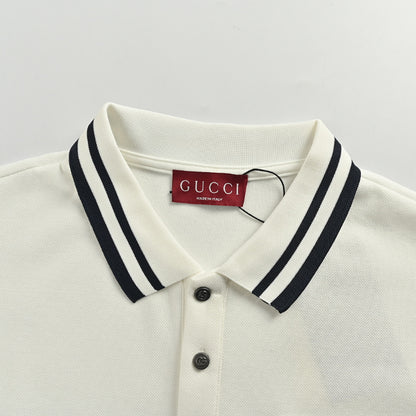 Gucci Ivory Long-Sleeve Polo with Collegiate Crest Graphic and Contrast Shoulder