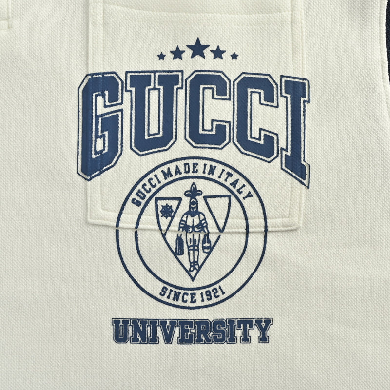 Gucci Ivory Long-Sleeve Polo with Collegiate Crest Graphic and Contrast Shoulder