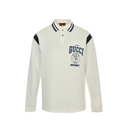 Gucci Ivory Long-Sleeve Polo with Collegiate Crest Graphic and Contrast Shoulder