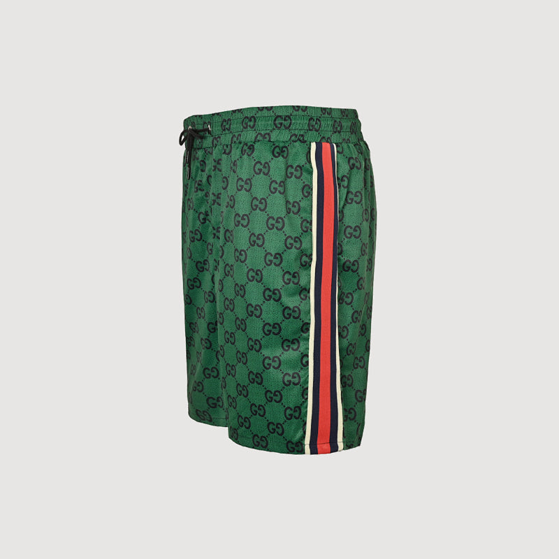 Gucci All-Over Dual-Letter Jacquard Swim Shorts – Green / Side Stripe