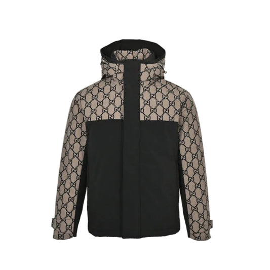 Gucci Beige GG Monogram Jacquard Black Colorblock Full-Zip Hooded Windbreaker Jacket