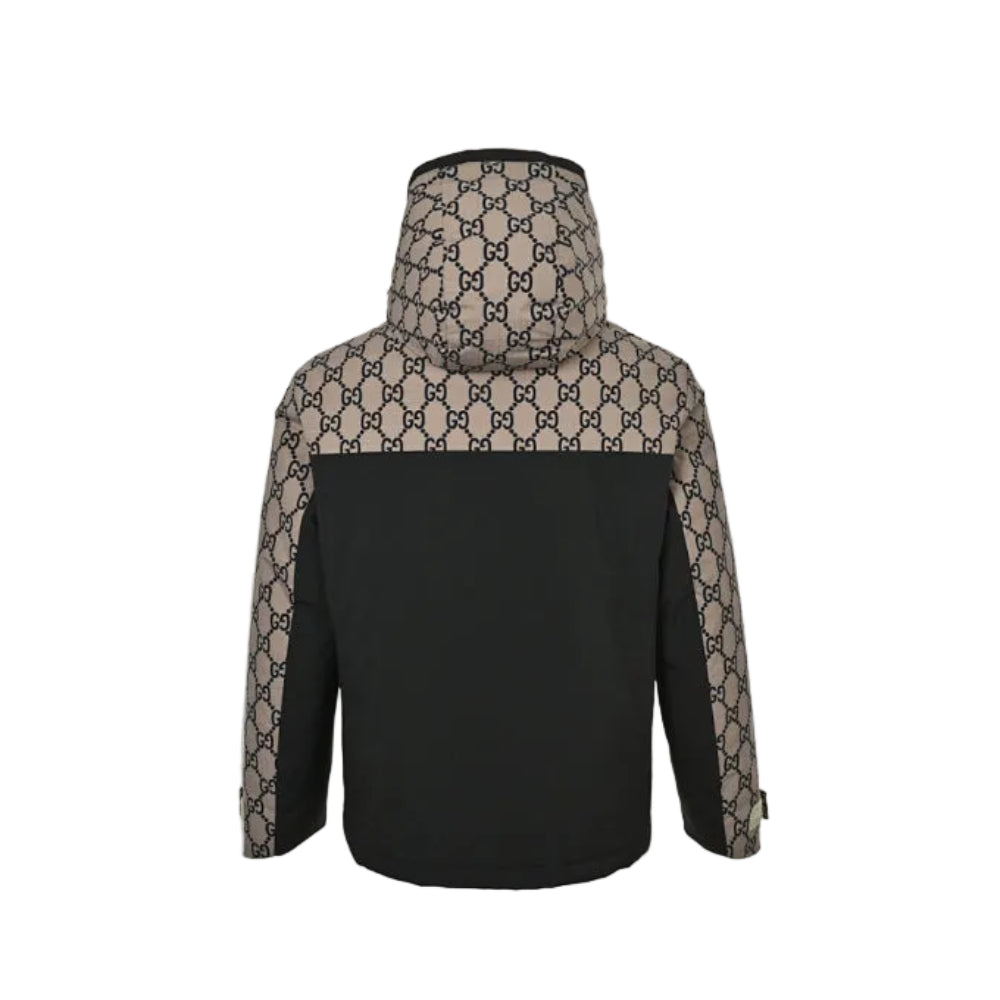 Gucci Beige GG Monogram Jacquard Black Colorblock Full-Zip Hooded Windbreaker Jacket