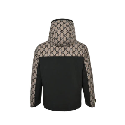 Gucci Beige GG Monogram Jacquard Black Colorblock Full-Zip Hooded Windbreaker Jacket