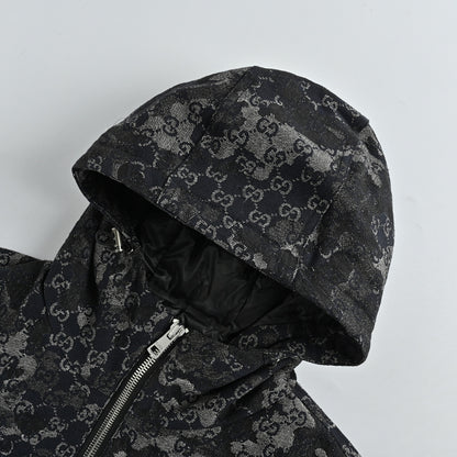 Gucci Black GG Monogram Camo Floral Jacquard Full-Zip Hooded Field Jacket