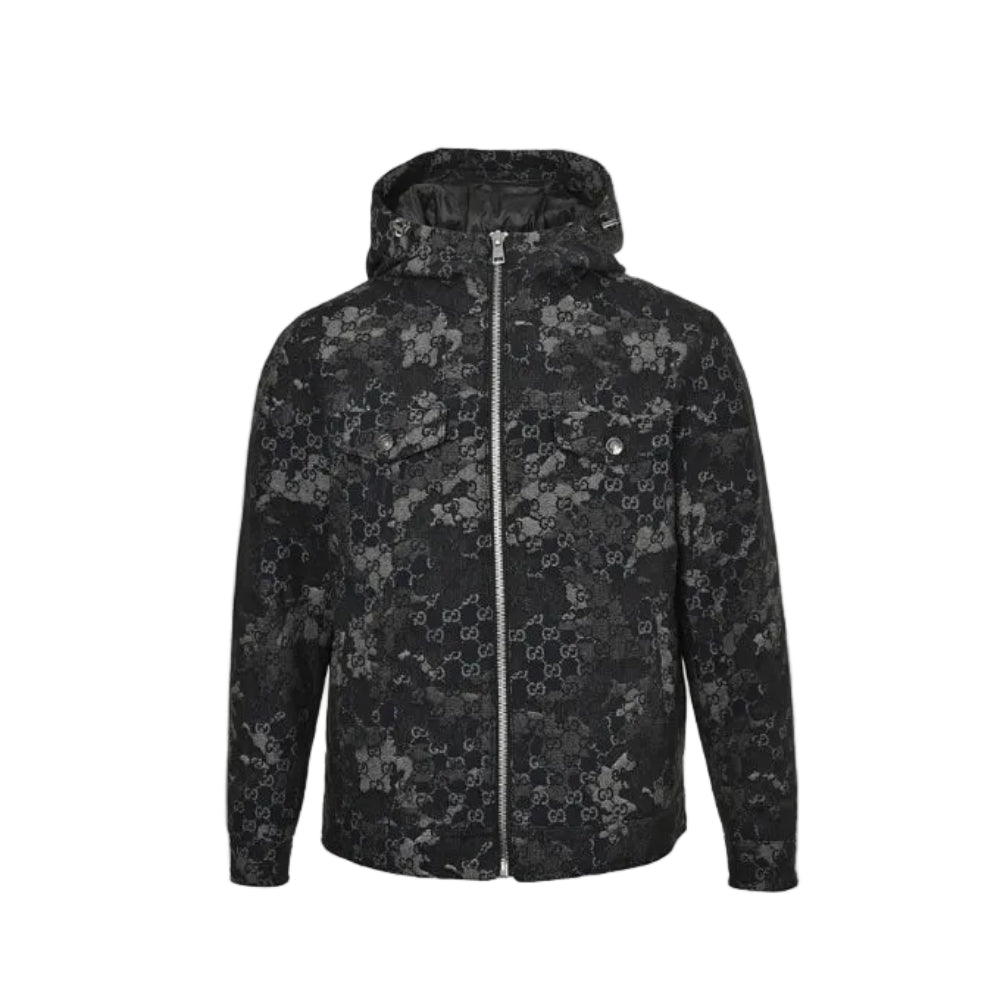 Gucci Black GG Monogram Camo Floral Jacquard Full-Zip Hooded Field Jacket