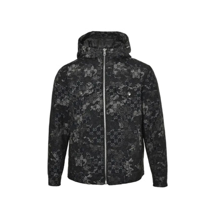 Gucci Black GG Monogram Camo Floral Jacquard Full-Zip Hooded Field Jacket