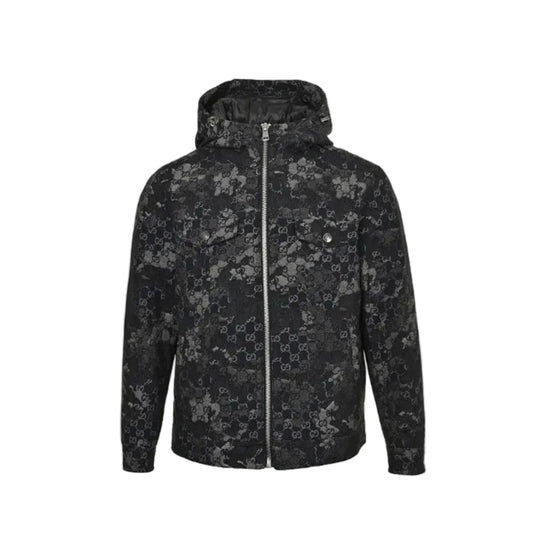 Gucci Black GG Monogram Camo Floral Jacquard Full-Zip Hooded Field Jacket