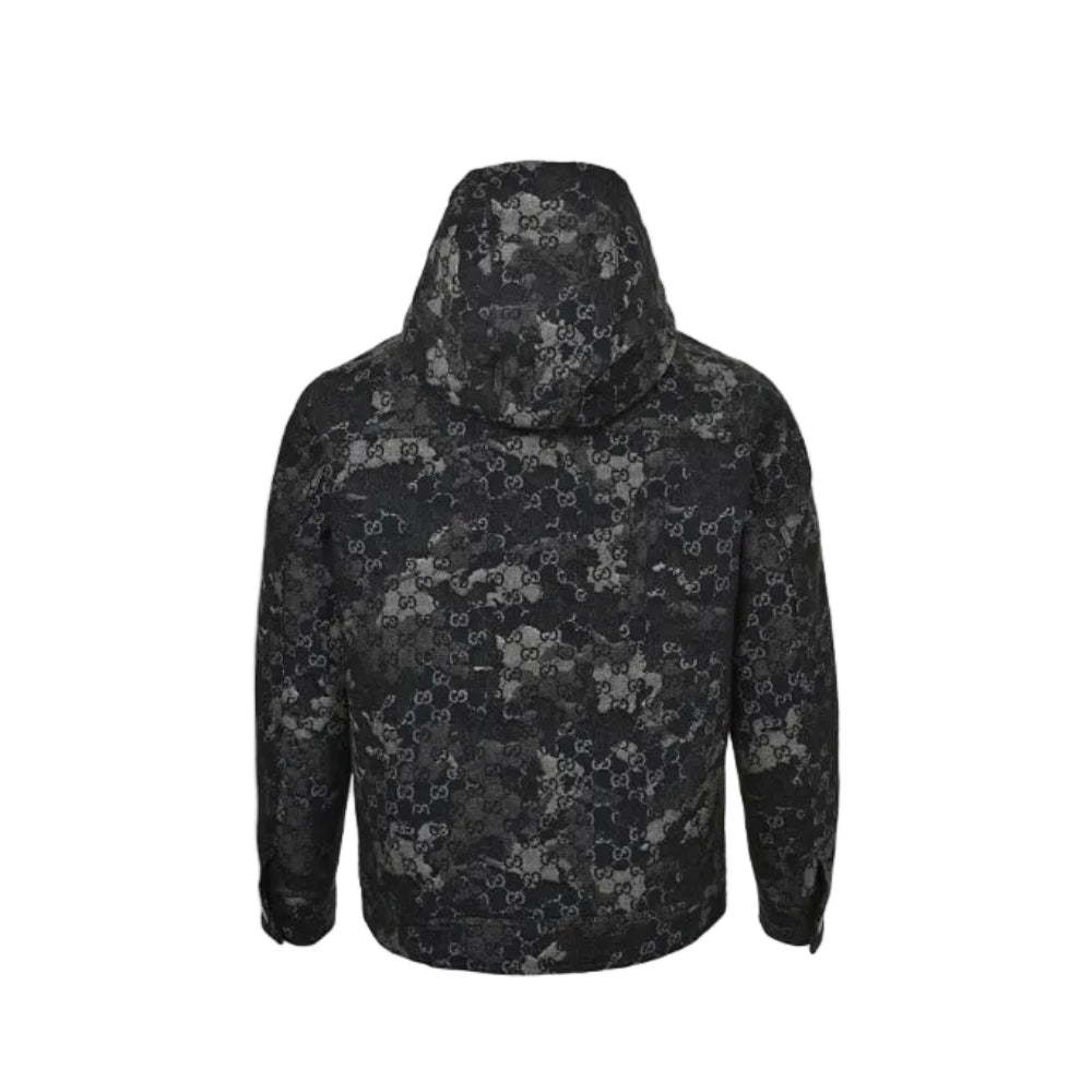 Gucci Black GG Monogram Camo Floral Jacquard Full-Zip Hooded Field Jacket