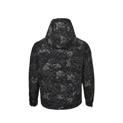 Gucci Black GG Monogram Camo Floral Jacquard Full-Zip Hooded Field Jacket