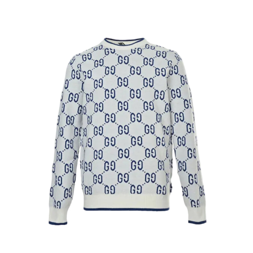Gucci Ivory All-Over Monogram Jacquard Crewneck Knit Sweater
