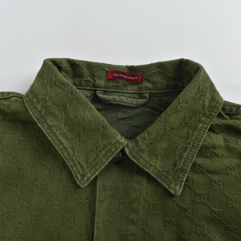Gucci Olive Bleach-Fade Denim Chore Coat with Snap Closure